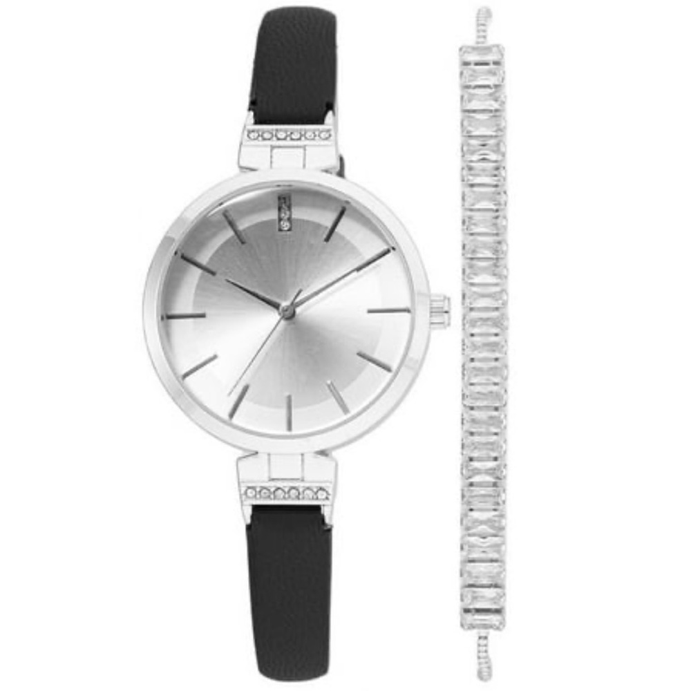 Time and Tru Silver Dial Black Strap Women's Watch Set